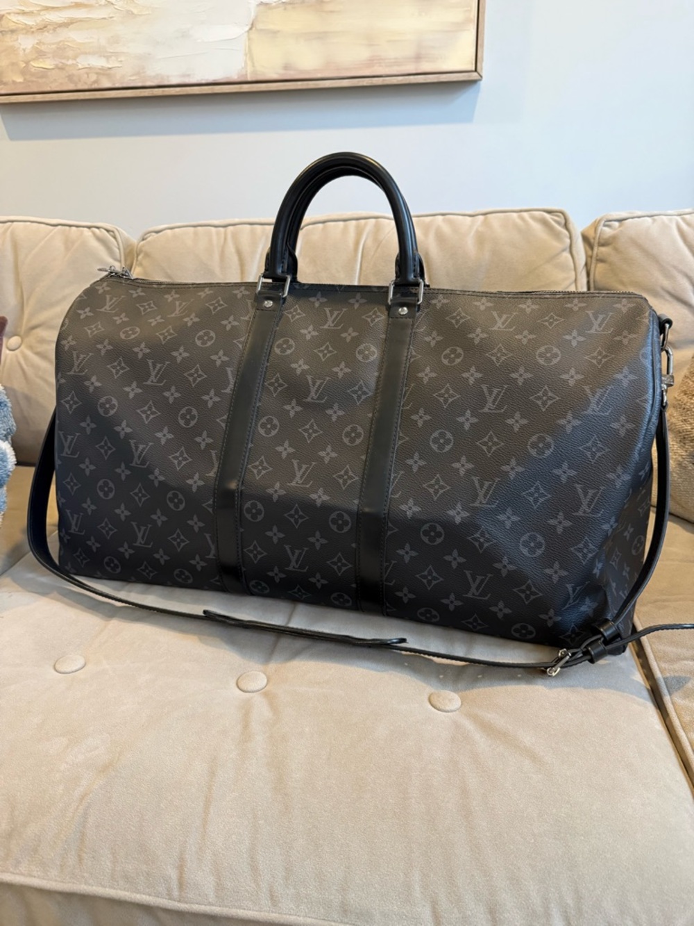 Louis Vuitton Monogram Eclipse Keepall 55 Canvas Duffel Bag with Shoulder Strap